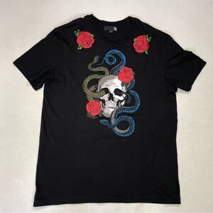 Guess Skull Snake Rose Graphic T-shirt Men XL Black Short Sleeve